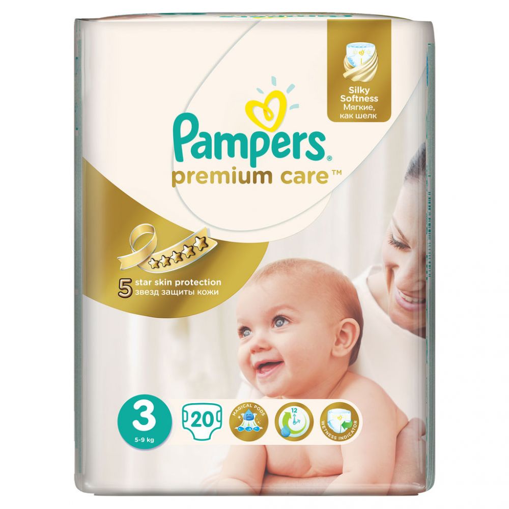 Pampers (памперс) подгузники premium care 3 № 20 миди 5-9кг (Procter &  gamble polska sp. z o.o.) - цены в Тюмени, купить Pampers (памперс)  подгузники premium care 3 № 20 миди 5-9кг