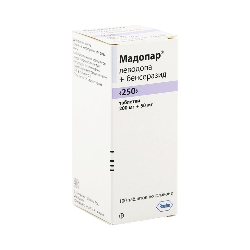 Мадопар 200мг+50мг таб. №100 (Roche s.p.a./ hoffmann-la roche ltd.) - цены  в Казани, купить Мадопар 200мг+50мг таб. №100 в аптеке Фармленд, инструкция  по применению, отзывы