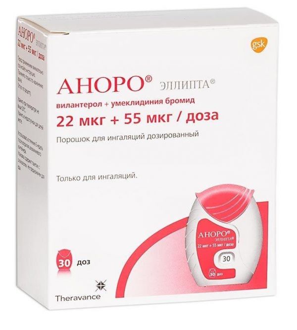 Аноро эллипта 22мкг+55мкг/доза пор.д/инг. №30 ингалятор доз. (Glaxo operations uk ltd)