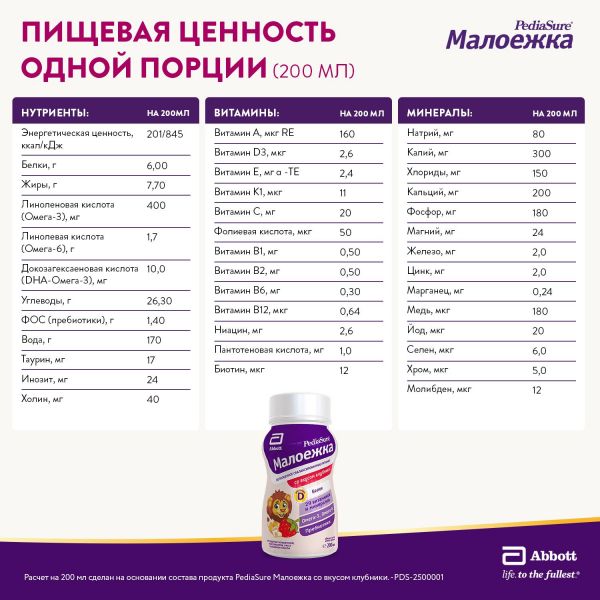 Педиашур малоежка 200мл смесь жидк. №1 бут.  клубника (Babydrink)