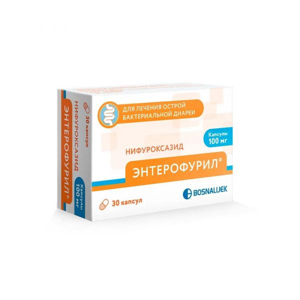 Энтерофурил 100мг капс. №30 по цене от 450.00 руб в Челябинске, купить Энтерофурил 100мг капс. №30 (Bosnalijek d.d.) в аптеке Фармленд, инструкция по применению, отзывы