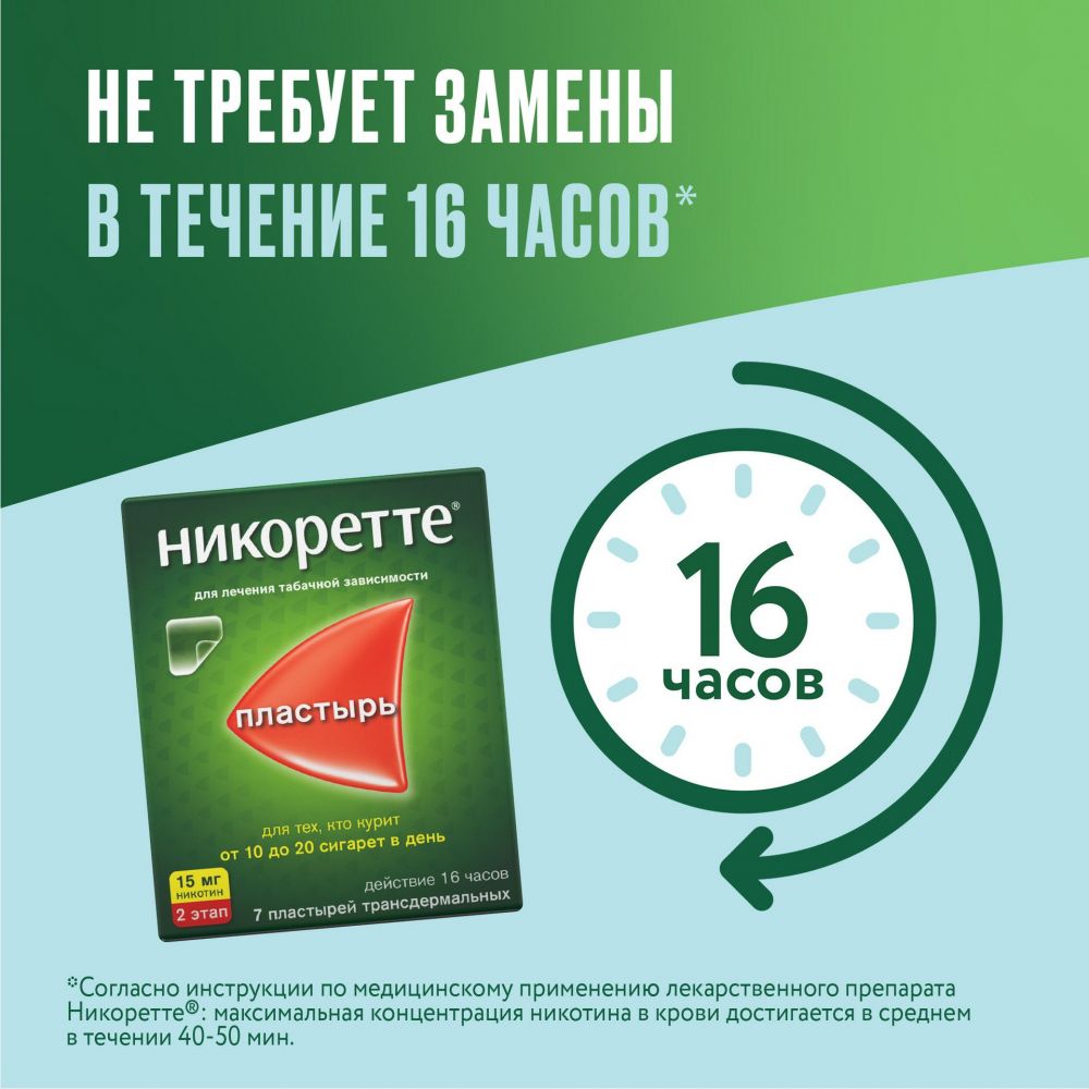 Никоретте 15мг/16ч пластырь т/дерм. №7 саше полупрозр. 2 этап по цене от  1322.00 руб в Екатеринбурге, купить Никоретте 15мг/16ч пластырь т/дерм. №7  саше полупрозр. 2 этап (Lohmann therapie-systems ag) в аптеке Фармленд,